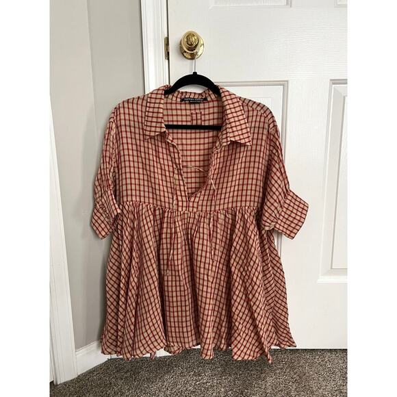 Hannes Roether Collared Red and Cream Plaid Cottage Peasant Blouse - Picture 1 of 6